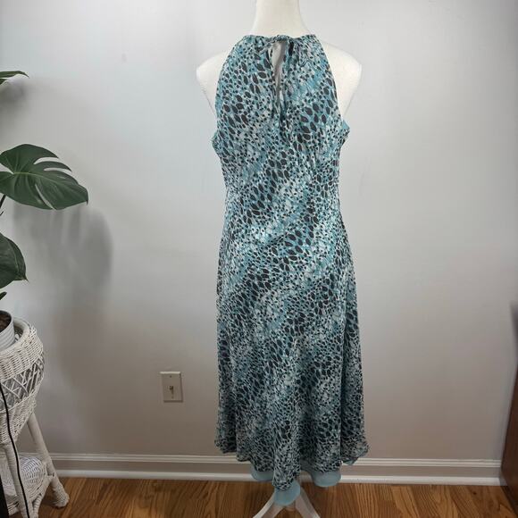 Ann Taylor Dress Women 10 Blue Black Silk Leopard Halter Spice Girl Y2K Beach - Picture 2 of 8